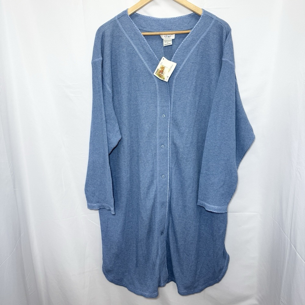 Vtg Amanda Stewart 100% Cotton Waffle Knit Night Gown Lounger 2X Button Front